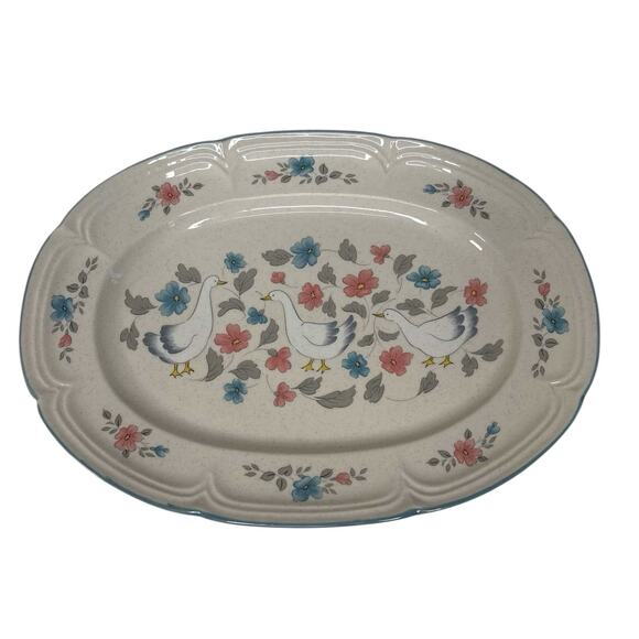 Country Classics by Action 1988 Goose Floral Oval Serving Platter 12” Japan Farm - Picture 1 of 5